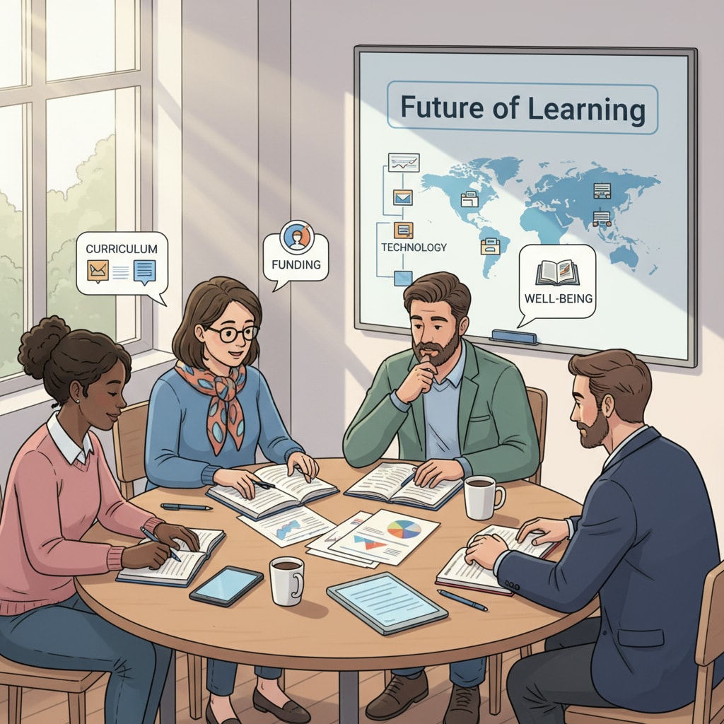 A group of parents and teachers sitting around a table, engaged in a discussion about education issues. Parents and teachers discussing public education concerns