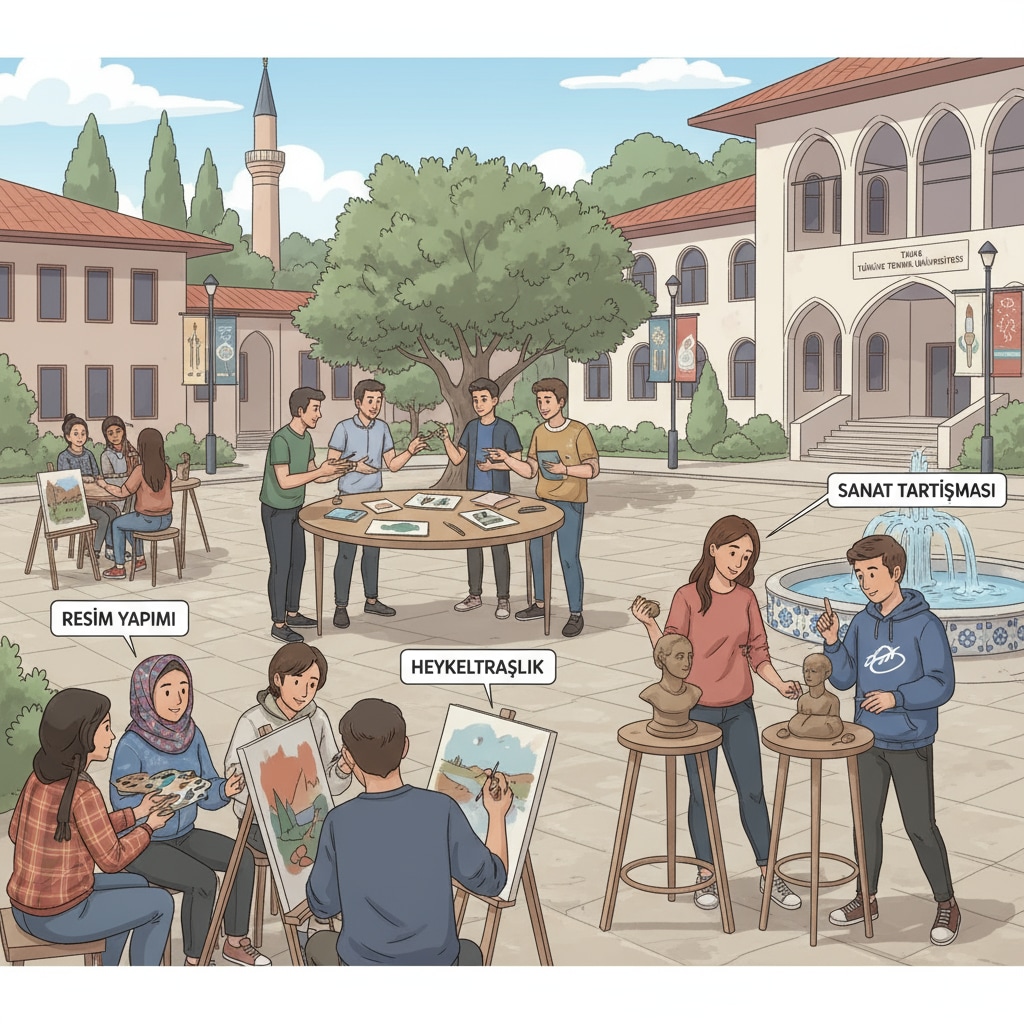 A campus scene in Turkey with students engaged in art activities. There are students painting, sculpting, and discussing their art projects. Campus scene in Turkey for English-taught art design education for Indian artists