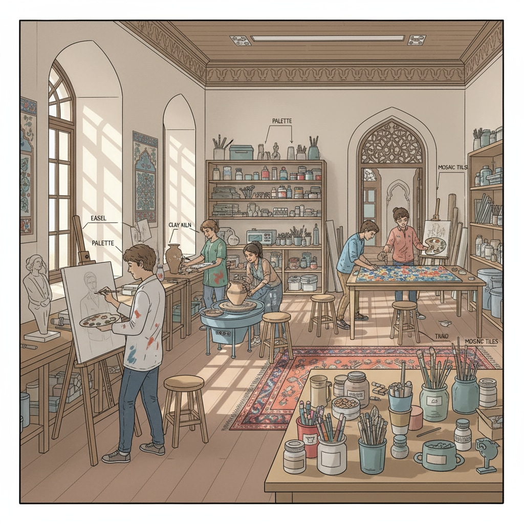 An art studio in a Turkish university filled with students working on their projects. There are various art tools and materials visible. Art studio in a Turkish university for English-taught art programs for Indian artists
