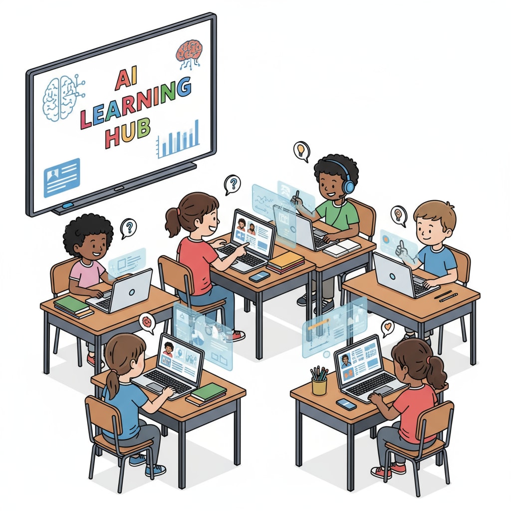 Students are engaged in using educational software that is powered by AI in a classroom setting, with laptops open and interacting with the technology. Students using AI-powered educational software in a classroom for AI courses, prompt writing, and social integration