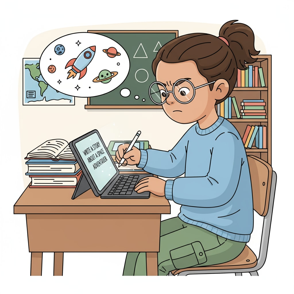 A student is sitting at a desk, focused on writing a prompt on a digital tablet, with a pen in hand and a concentrated expression. A student writing a prompt on a digital device for AI courses, prompt writing, and social integration