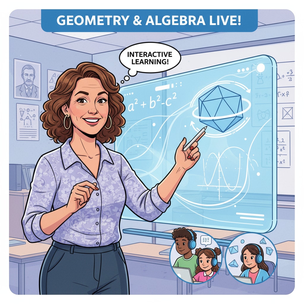 An illustration showing a math teacher using a virtual whiteboard to explain geometric shapes and equations, highlighting the interactive nature of online math teaching. A math teacher engaged in online teaching on YouTube, emphasizing subject teaching in online education for K12 students.