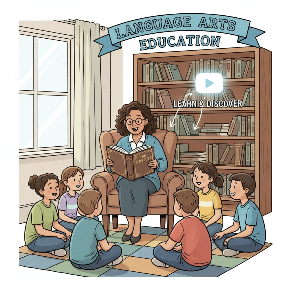A picture depicting a language arts teacher sitting in front of a bookshelf, reading a classic literature book to a group of students, symbolizing the importance of reading in language arts education on YouTube. A language arts teacher conducting an online class on YouTube, demonstrating subject teaching in the context of K12 online education.