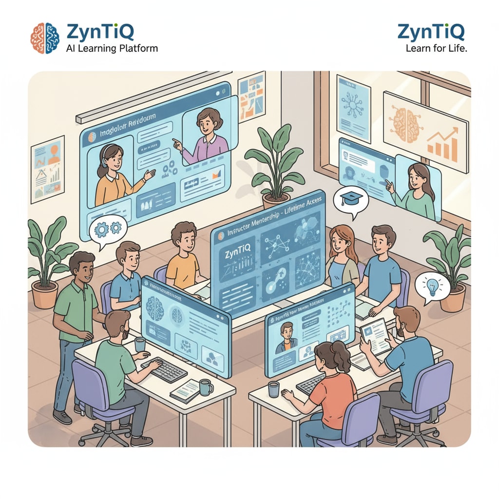 Students are actively participating in AI learning on the ZynTiQ platform. They are interacting with the course content, and some are having discussions with instructors, demonstrating the benefits of lifetime membership. Students enjoying AI learning on ZynTiQ platform as lifetime members