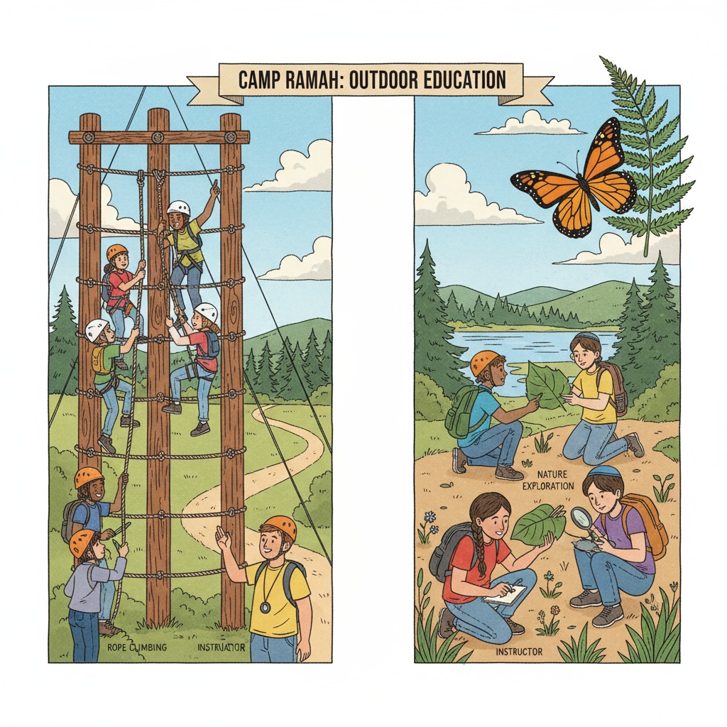 Students are actively involved in various outdoor activities such as rope climbing and nature exploration during an outdoor education event organized by Camp Ramah. Students participating in Camp Ramah's outdoor education activities