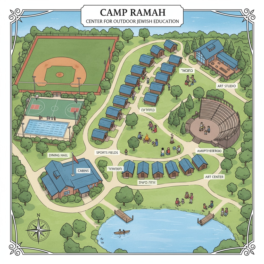 A view of the well-equipped Camp Ramah facilities including cabins, activity areas, and open spaces used for outdoor education. Camp Ramah facilities for outdoor education