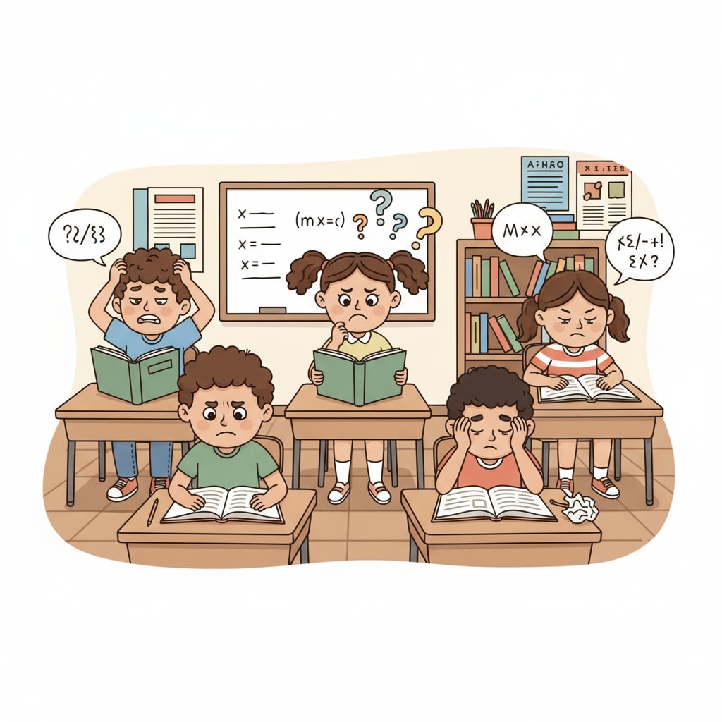 A group of students are sitting at desks in a classroom, looking frustrated as they try to read books. Some are scratching their heads, and others are frowning, indicating their struggle with reading. Students struggling with reading ability in a classroom setting related to literacy rate and democracy