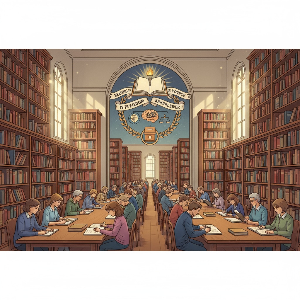 A large library with rows and rows of bookshelves filled with books. There are a few people sitting at tables, reading quietly, representing the importance of reading for literacy and its connection to democracy. A library symbolizing the significance of reading ability for literacy and democracy