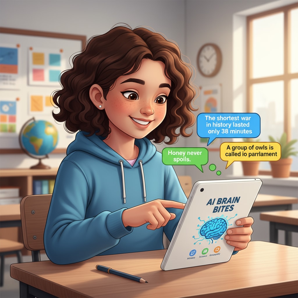A student using a tablet with AI Brain Bites interface showing educational fun facts related to educational knowledge, AI-generated content, and fun learning