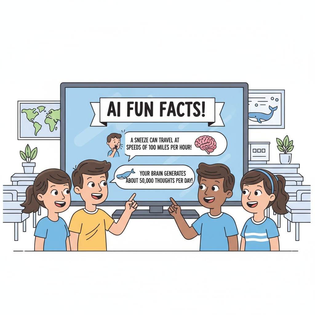 A group of students excited to read AI-generated educational fun facts, promoting educational knowledge, AI-generated content, and fun learning