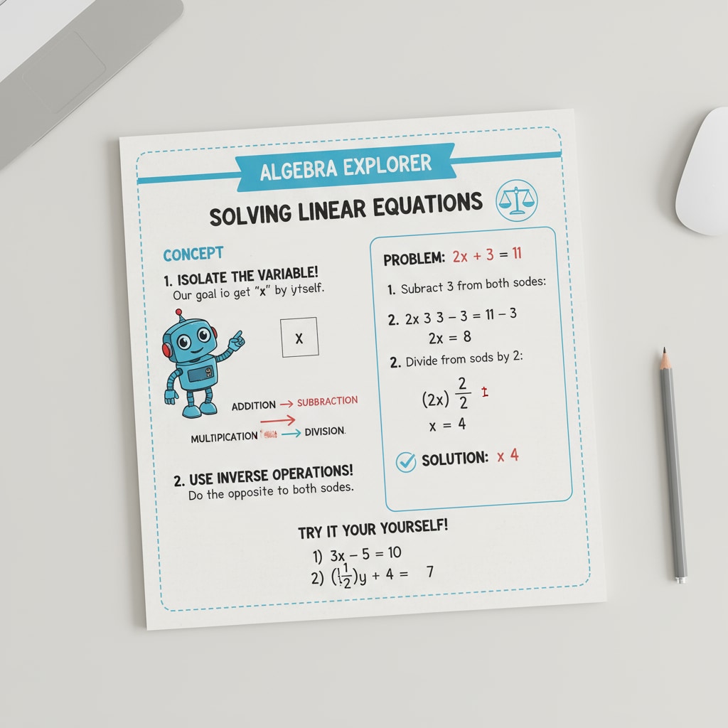 A page from an algebra workbook showing equations and detailed explanations to help students understand algebraic concepts. Page from an algebra workbook for high school basic knowledge review
