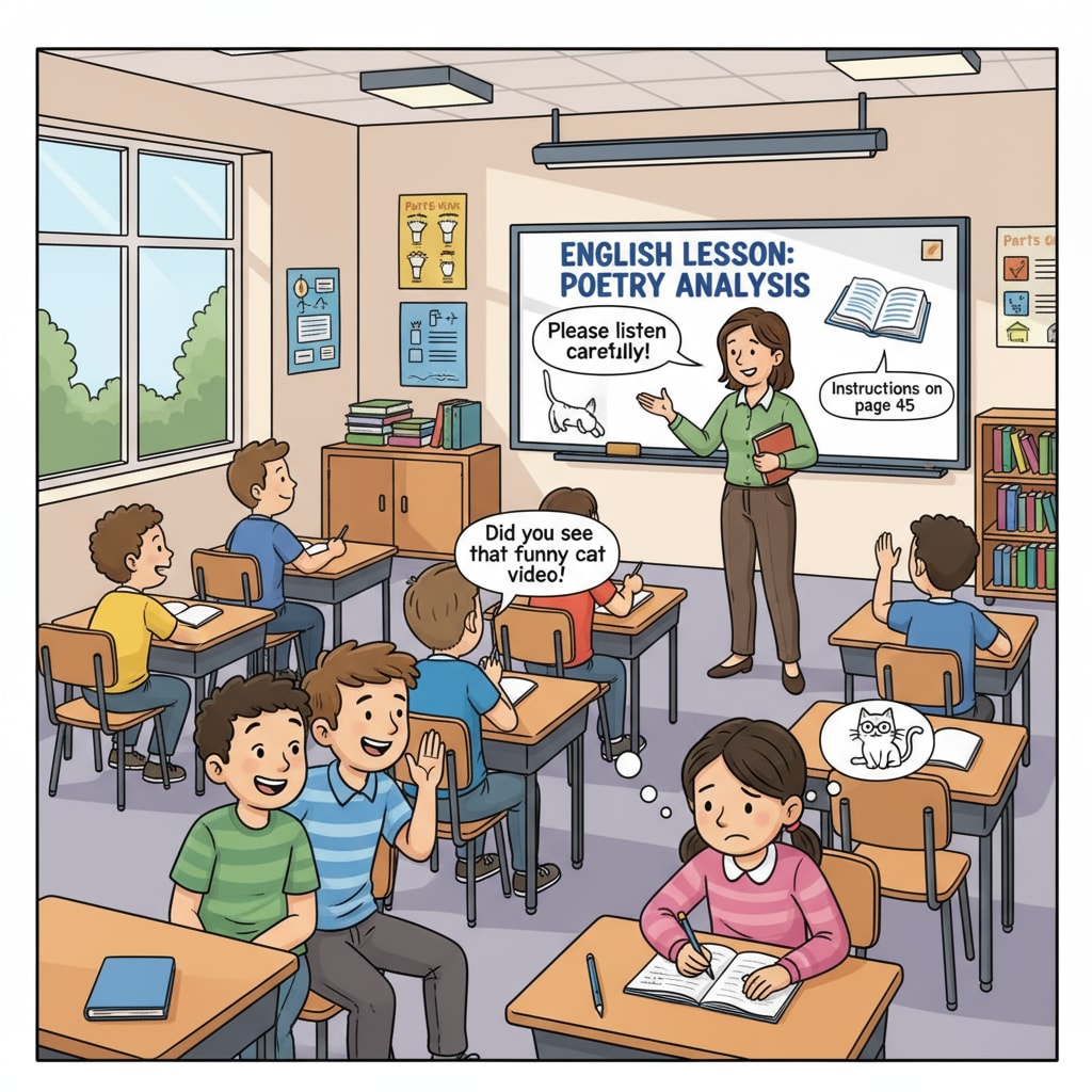 A group of seventh - grade students in an English classroom, some are not following the teacher's instructions. Some students are chatting while the teacher is trying to give instructions. Seventh - grade English classroom with students not following instructions, highlighting teaching dilemmas and special educational needs issues