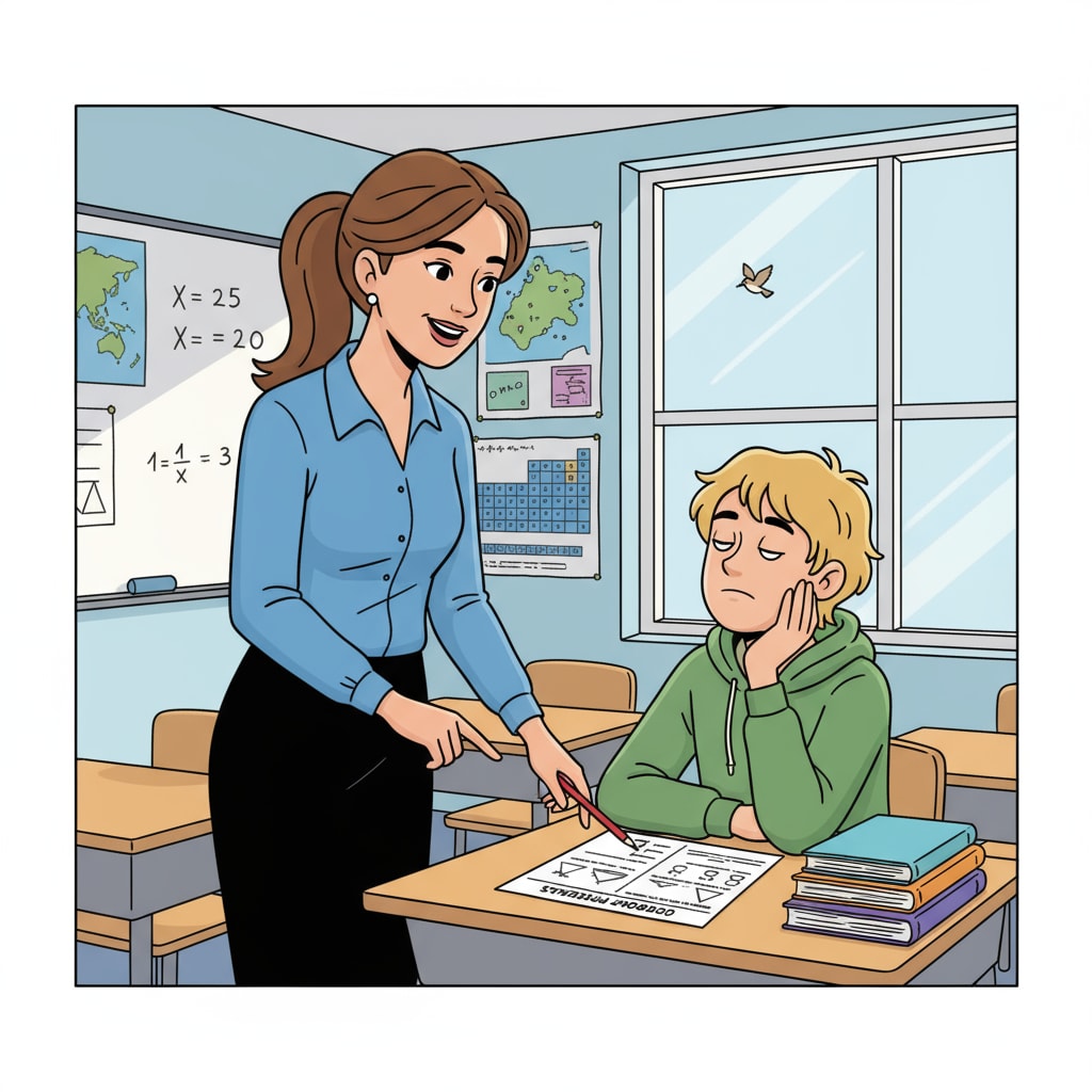 A teacher explaining instructions to a distracted student in a classroom. The teacher is pointing at a worksheet while the student is looking away. Teacher explaining instructions to a distracted student, showing the challenge of student non - compliance in a classroom related to teaching dilemmas and special educational needs