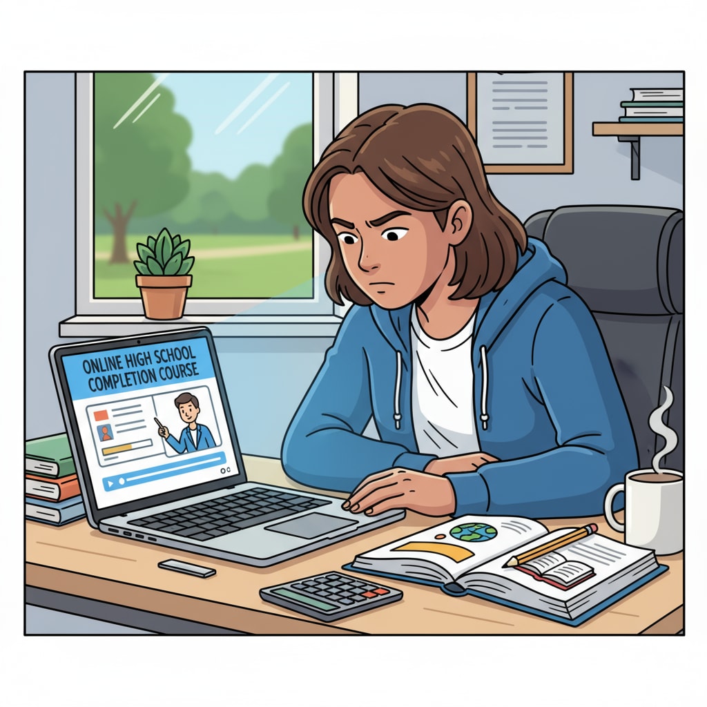 An adult with financial difficulties accessing an online high school completion course as part of adult education