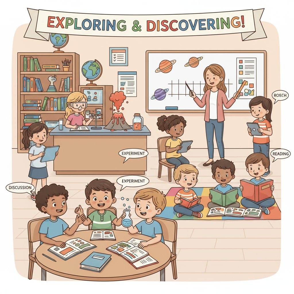 A group of students in a K12 classroom, engaged in various learning activities like discussions, experiments, and reading. Students in a K12 classroom promoting lifelong learning for future success.