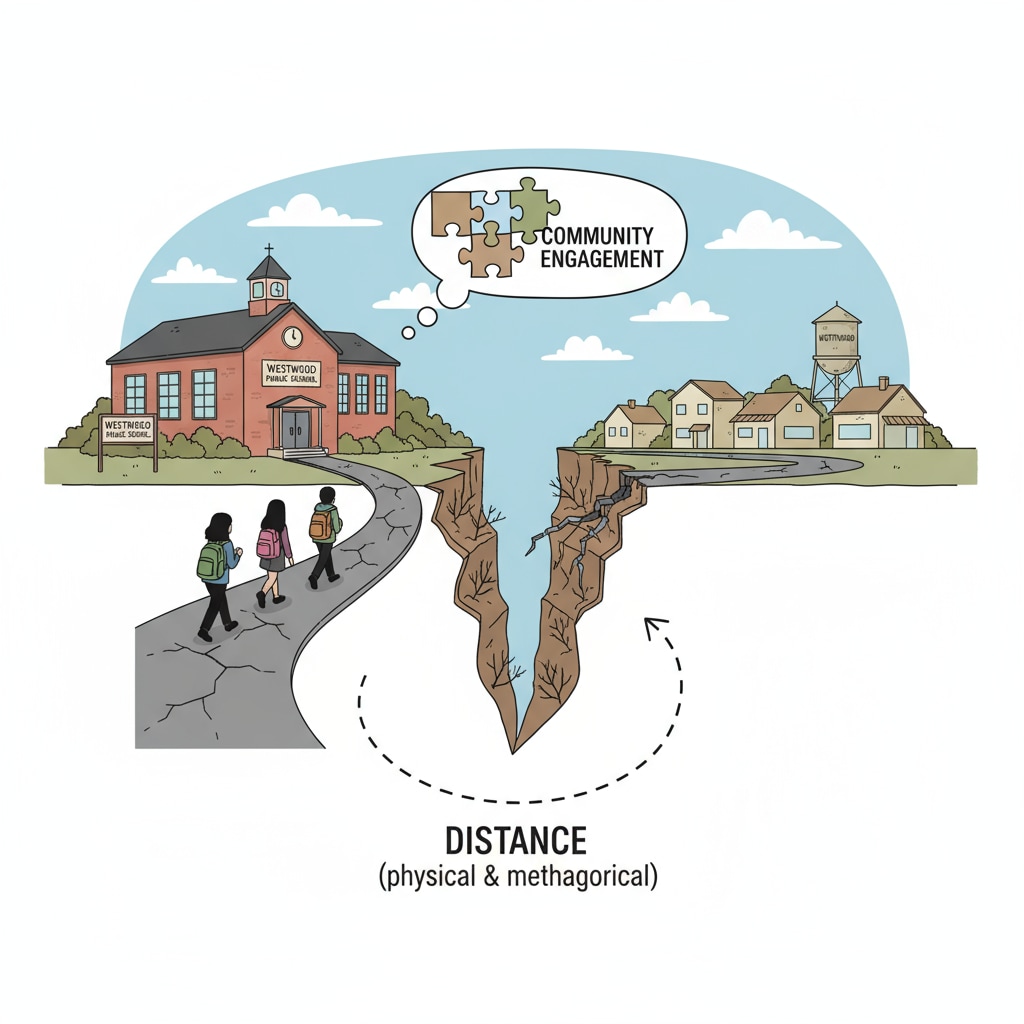 A visual representation of the physical and metaphorical distance between a small town public school and the community, showing students walking alone away from school towards a community that seems disconnected. A picture depicting the isolation between public schools and communities in small towns, relevant to youth services.