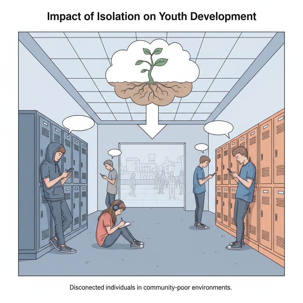 A scene inside a school hallway where teenagers appear bored and disengaged, highlighting the lack of community interaction and its impact on youth development. An image showing the negative impact of community isolation on teenagers in small town public schools in the context of youth services.