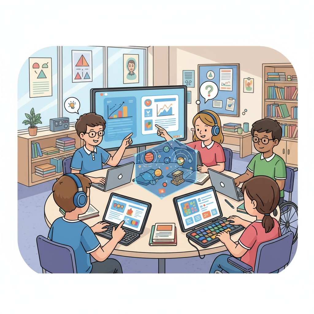 A group of students with diverse learning needs studying together using digital learning platforms Students with autism studying using Brainly alternatives for academic help