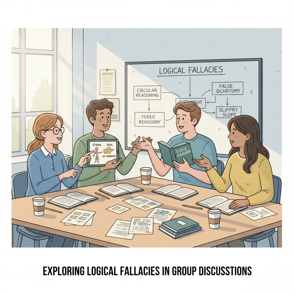 A group of high school students are engaged in a lively discussion about logical fallacies in a classroom setting, with books and papers spread out on their desks. High school students discussing logical fallacies for educational reform and critical thinking development