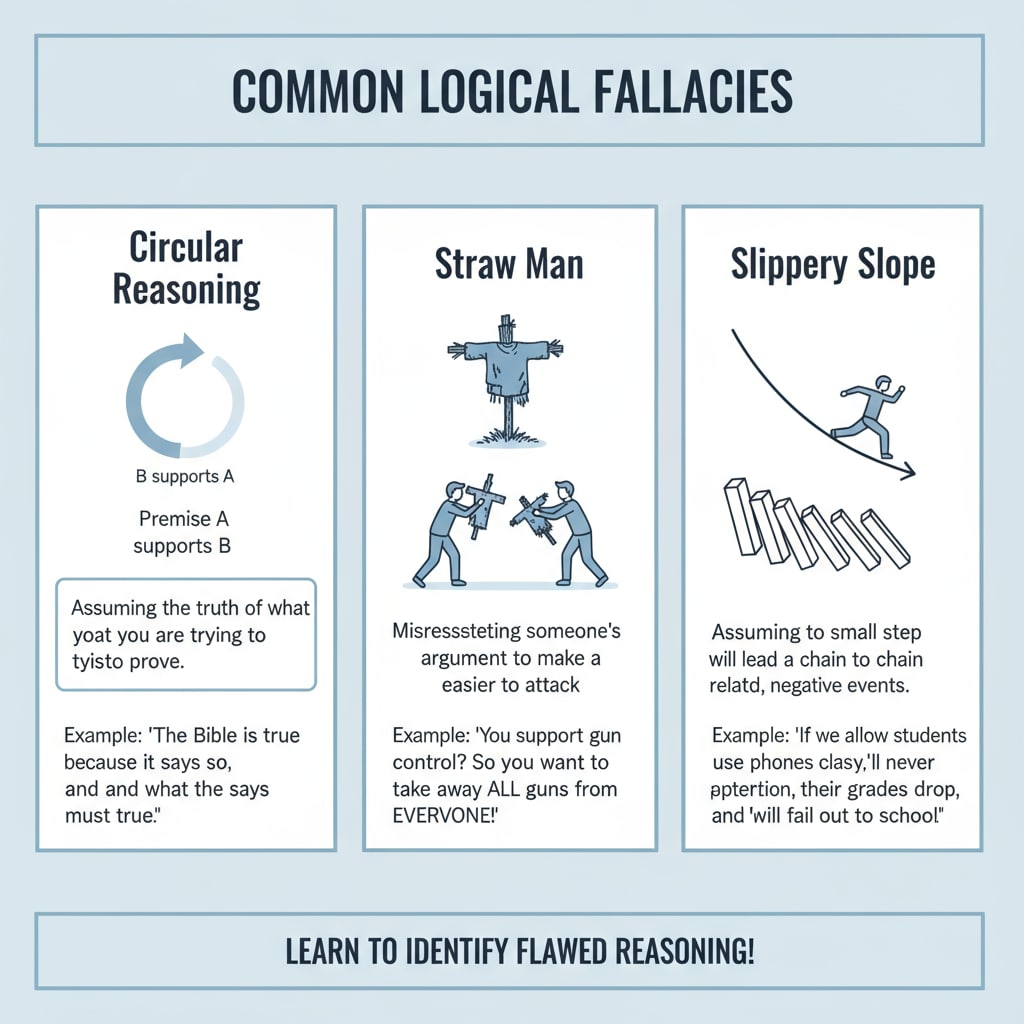 A colorful infographic displays various common logical fallacies, such as circular reasoning, straw man, and slippery slope, with simple explanations for each. Visual representation of common logical fallacies for high school students' critical thinking and educational understanding