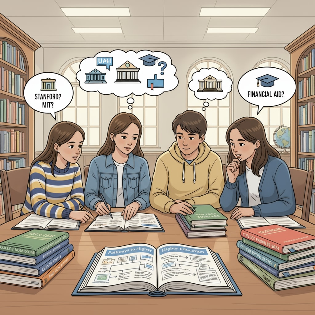 A group of high school students are gathered in a library, looking at books and discussing university options. They seem engaged in serious conversation about which universities to apply to. High school students discussing university planning and major selection in a library setting related to academic success and student loans
