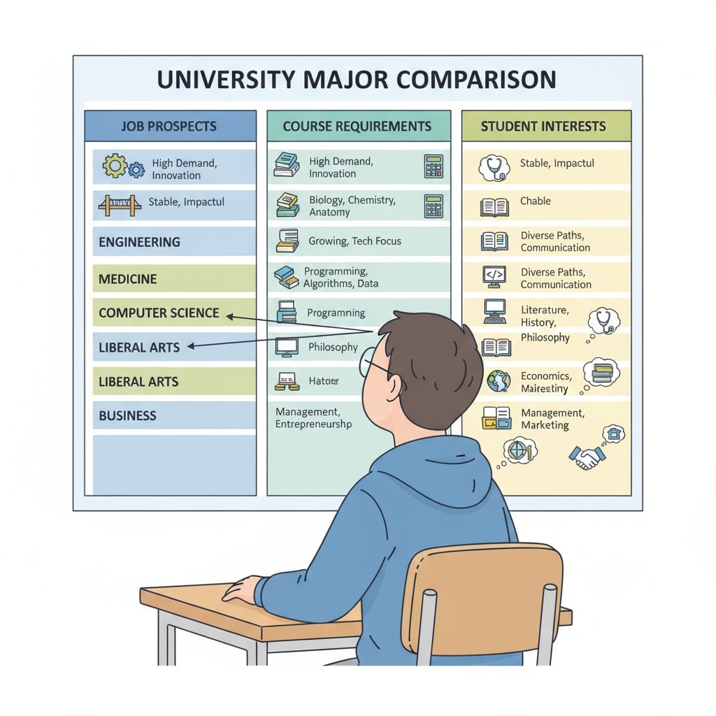 A student is sitting at a desk, looking at a large chart that compares different university majors in terms of job prospects, course requirements, and interests. Student analyzing different university majors for academic success and future planning considering student loans