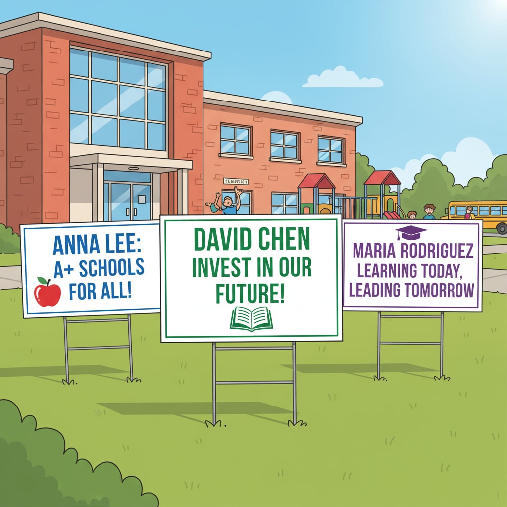 A collection of campaign signs for education committee candidates, showing different names and slogans. Campaign signs in an education committee election related to political confrontation and civility
