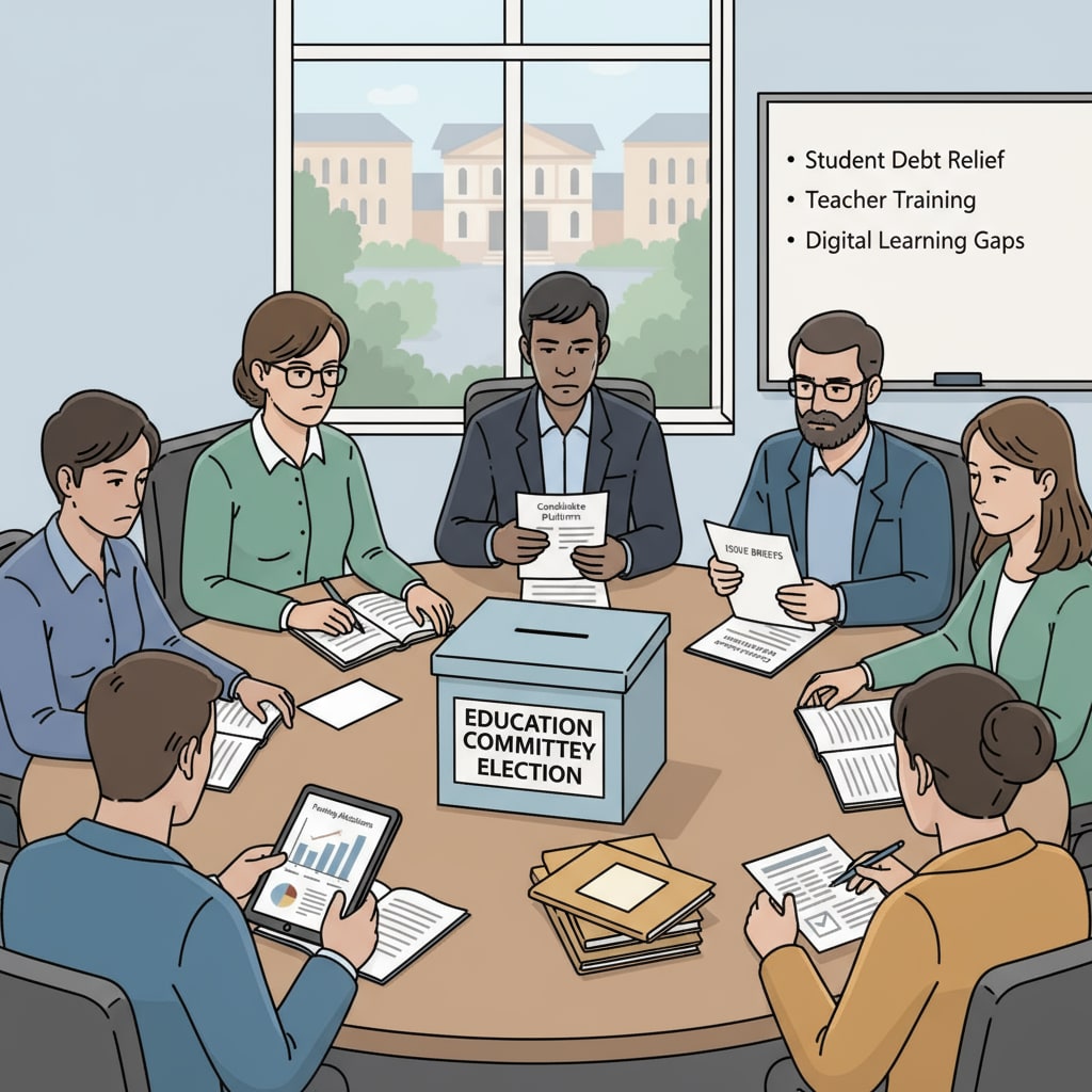 A group of people sitting around a table, engaged in a discussion about education committee election issues, with serious expressions on their faces. People discussing education committee election issues amidst political confrontation and campaign conflicts