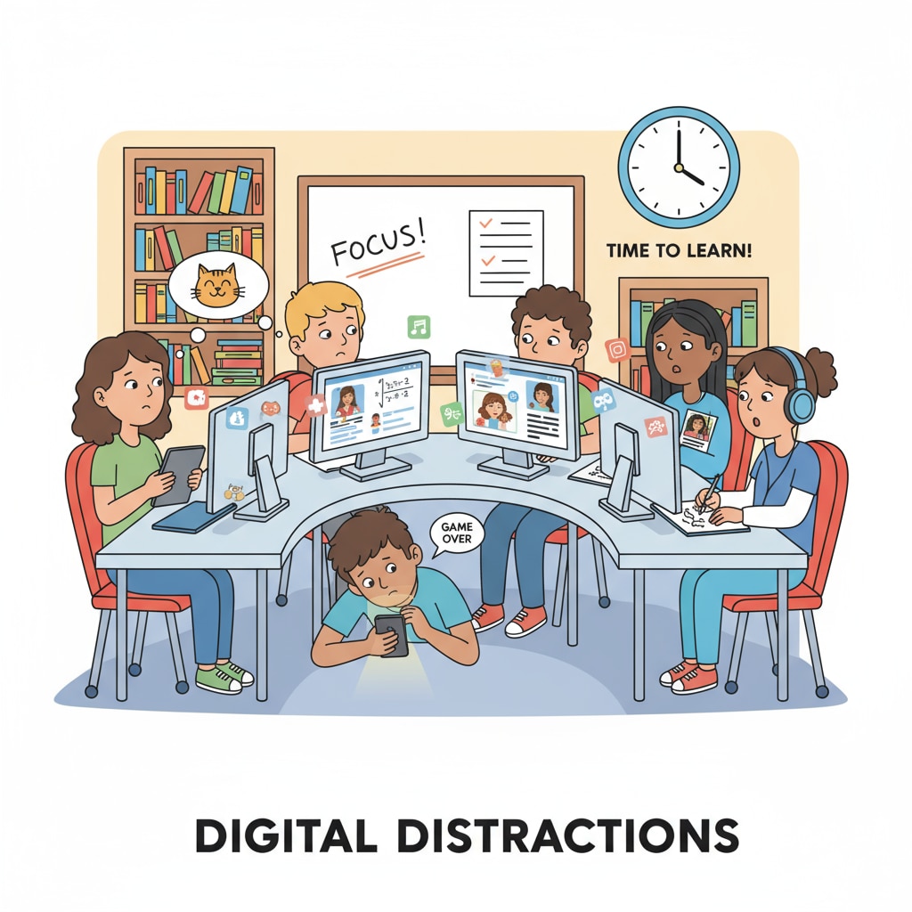 A group of K12 students sitting in front of screens, looking distracted. K12 students in the digital age affected by the attention economy, information deserts, and the tech industry