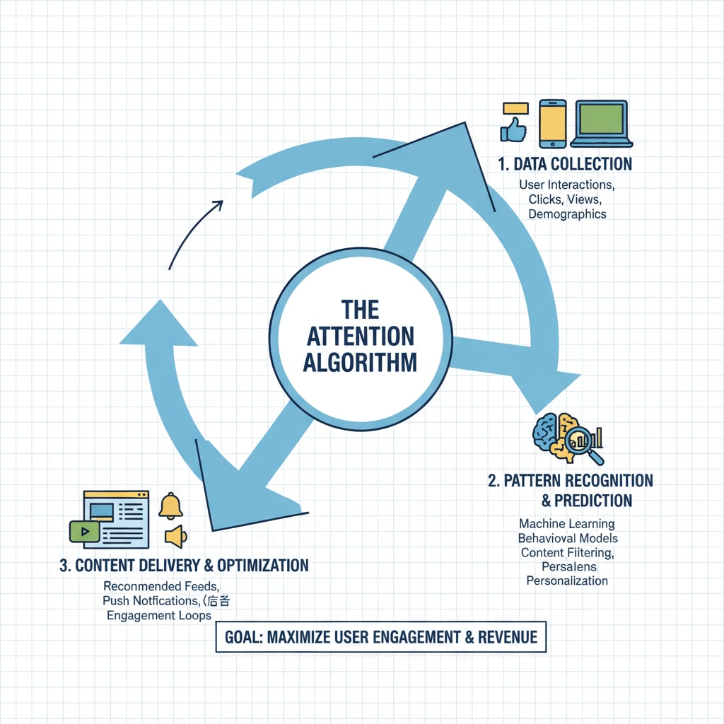 A diagram showing how algorithms in the attention economy work. How algorithms in the attention economy manipulate K12 students' attention