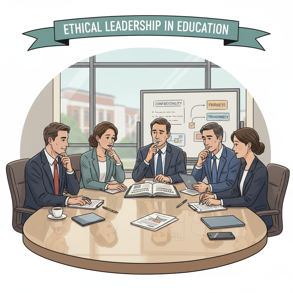 A group of school administrators are sitting around a table, engaged in a serious discussion about ethical issues in school management. School administrators discussing ethical issues in administrative management