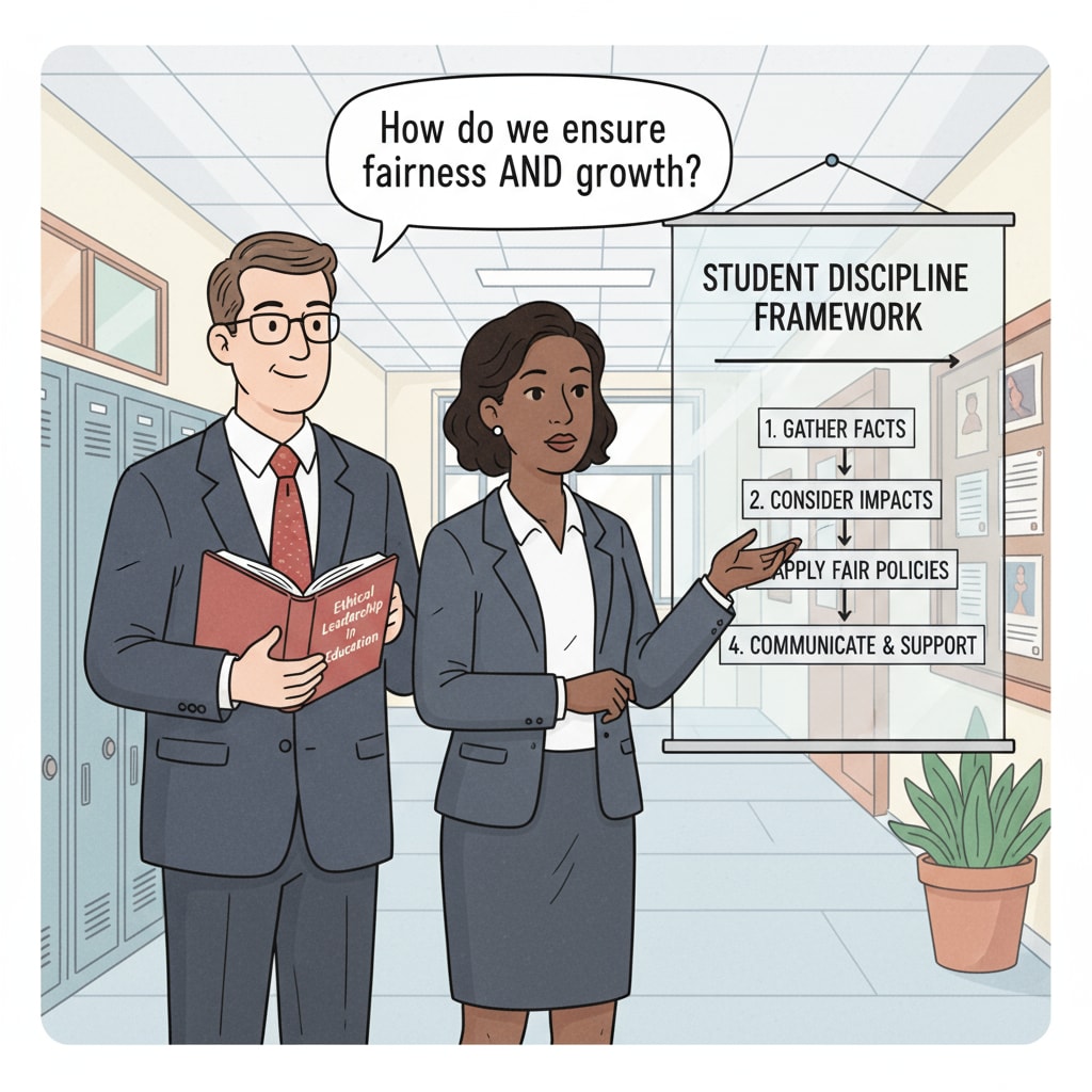 Two school administrators are standing in a hallway, having a conversation about how to handle a student discipline problem in an ethical manner. School administrators discussing ethical student discipline issues in educational leadership