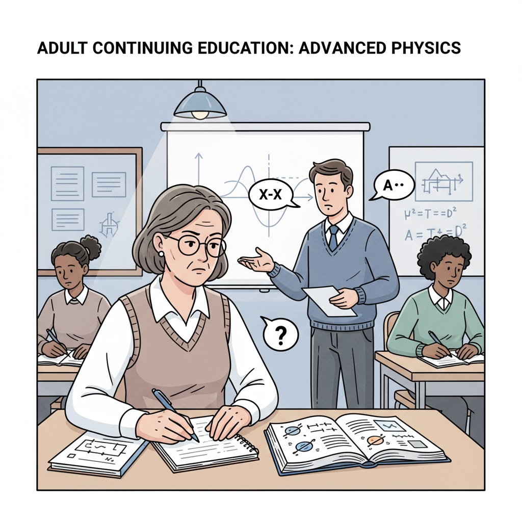 An in-service physics teacher attending a night school class, taking notes and interacting with the instructor In-service physics teacher in a night school class for postgraduate studies
