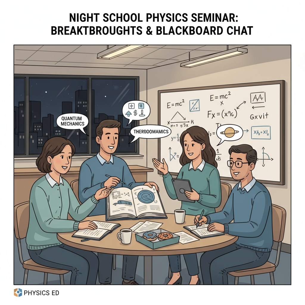 A group of in-service physics teachers discussing concepts during a night school break In-service physics teachers discussing during a night school break for postgraduate courses