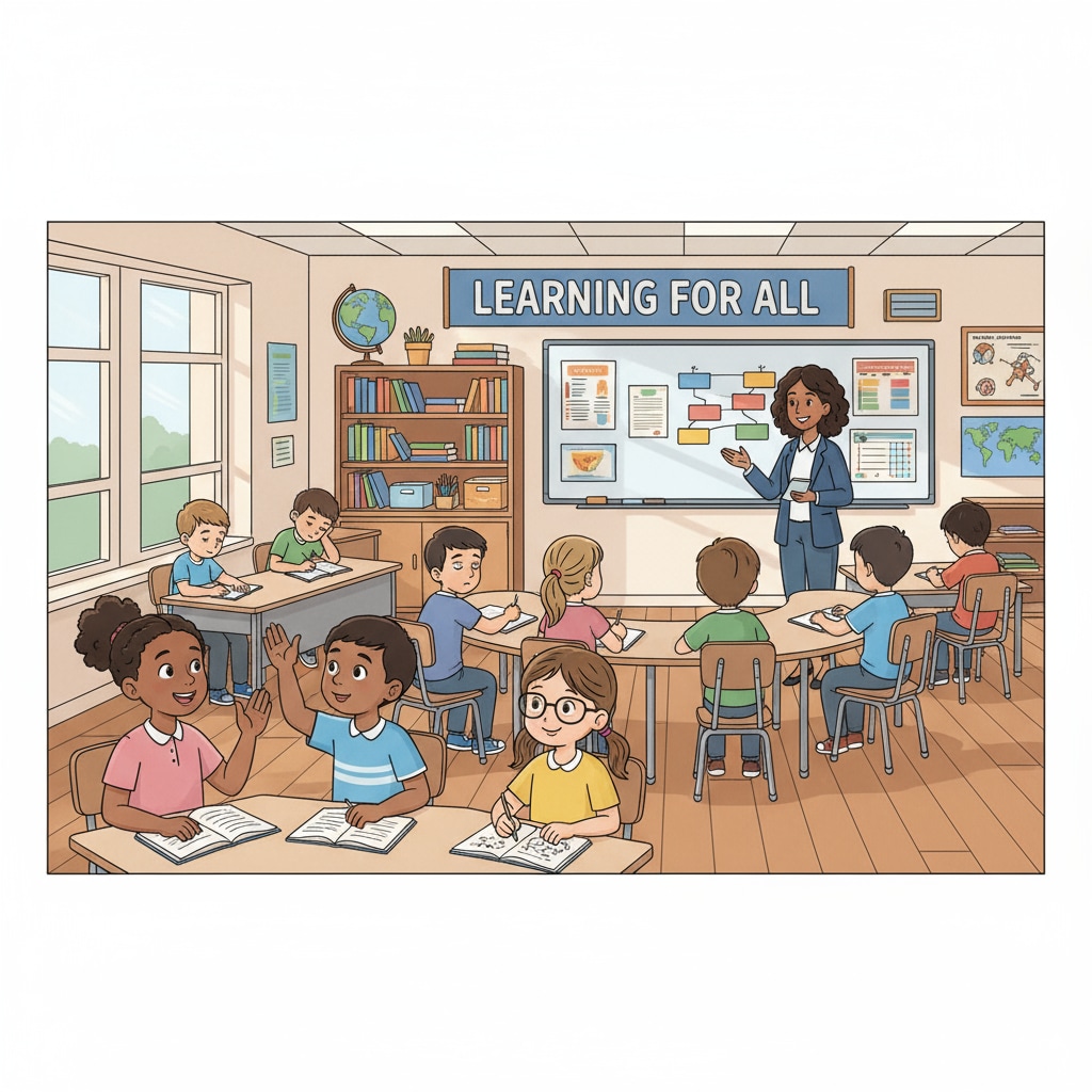 A group of students from diverse backgrounds in a classroom, showing different levels of engagement. Some students are actively participating, while others seem less involved, highlighting potential educational inequalities. Students from diverse backgrounds in a classroom, representing social inequality in education.