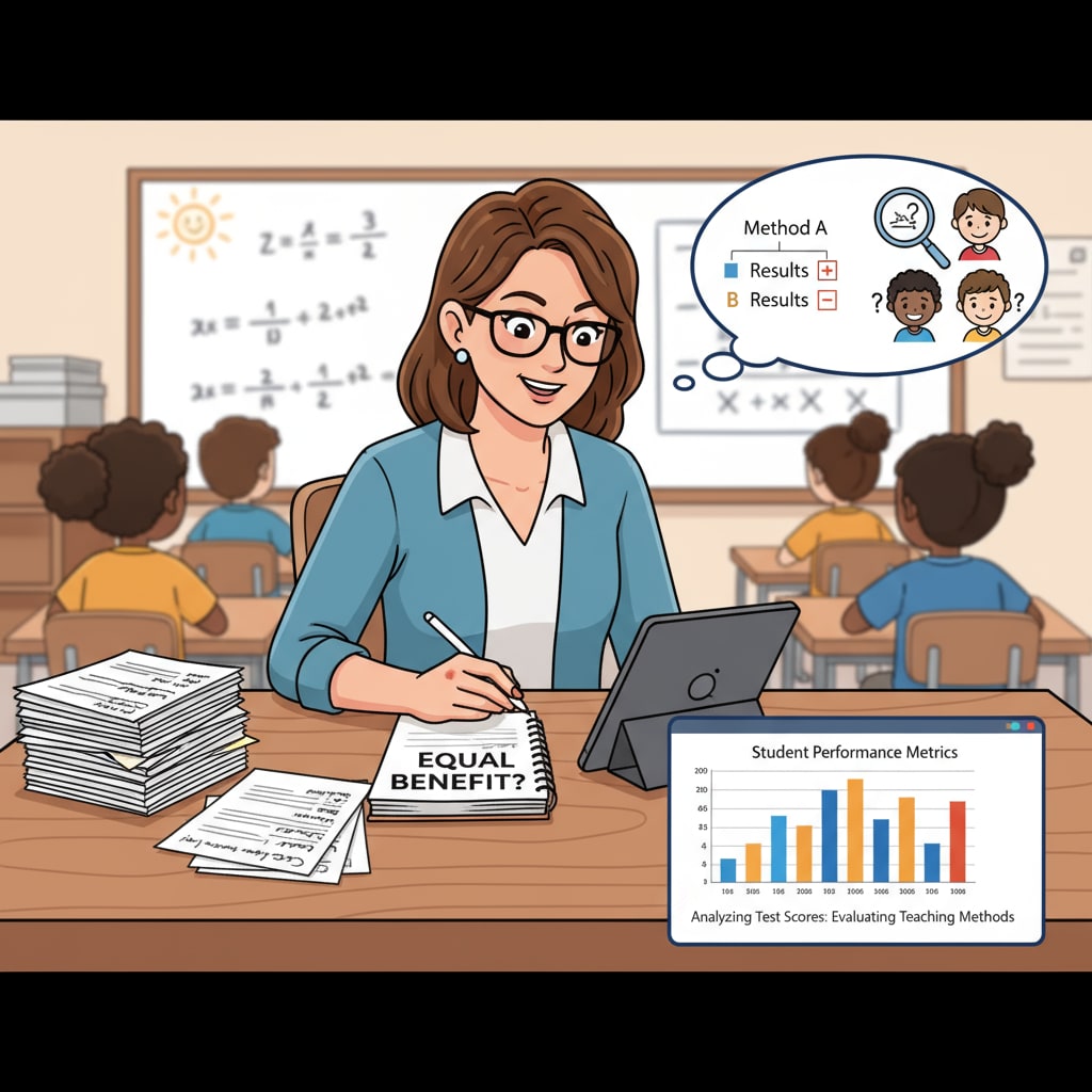 A teacher analyzing student test scores to evaluate the effectiveness of teaching methods. The teacher is looking at the scores, making notes, and trying to understand if the teaching approach is helping all students equally. Teacher evaluating student test scores to identify educational inequalities.