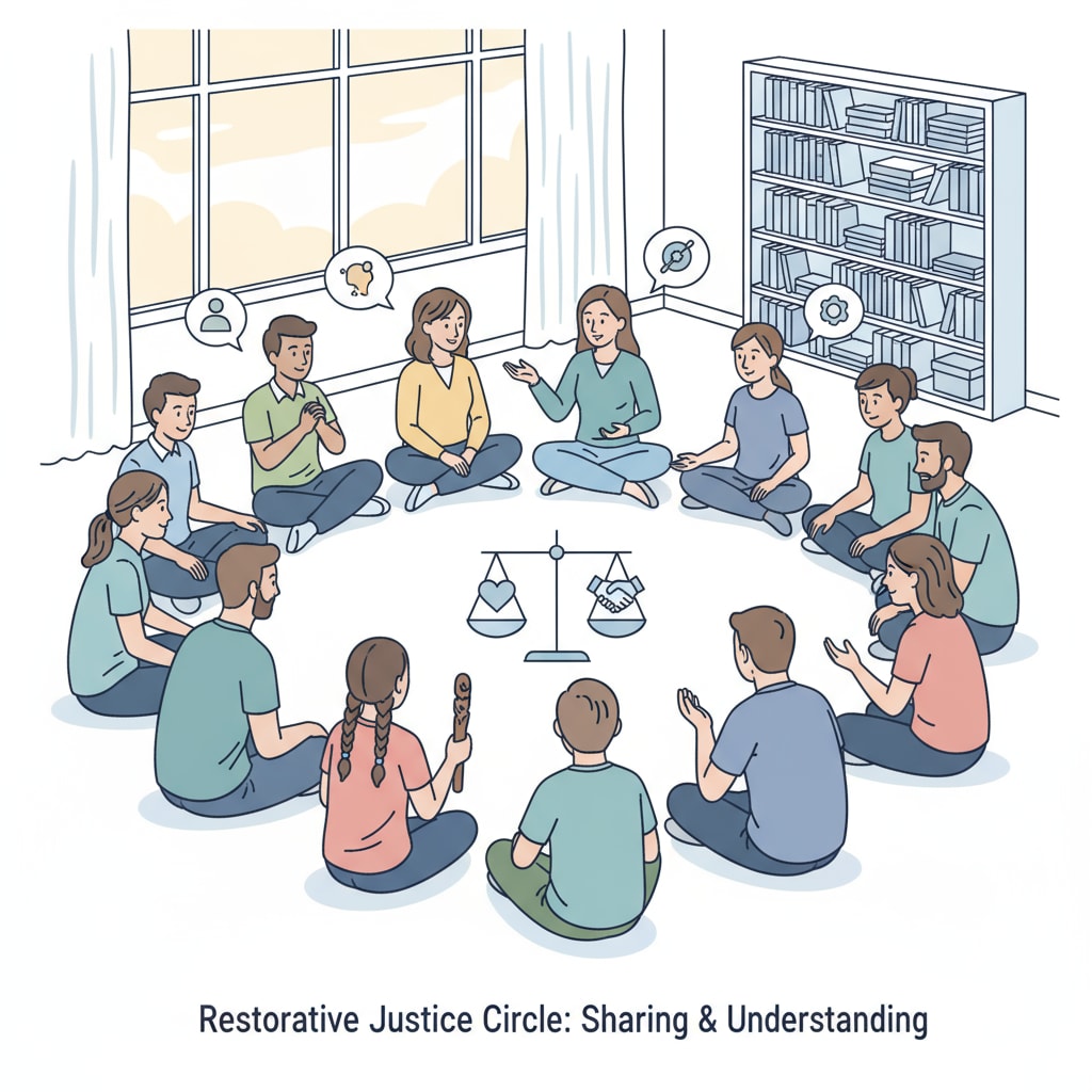 A group of students and teachers sitting in a circle, engaged in a discussion. This is a typical scene in restorative justice practice where everyone has an opportunity to share their thoughts and feelings. Students and teachers engaged in restorative justice circle discussion in an educational setting related to school management and using education resources
