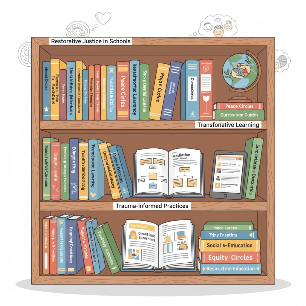 A bookshelf with various books on restorative justice and education, indicating the resources available to educators. Bookshelf filled with educational resources on restorative justice relevant to school management