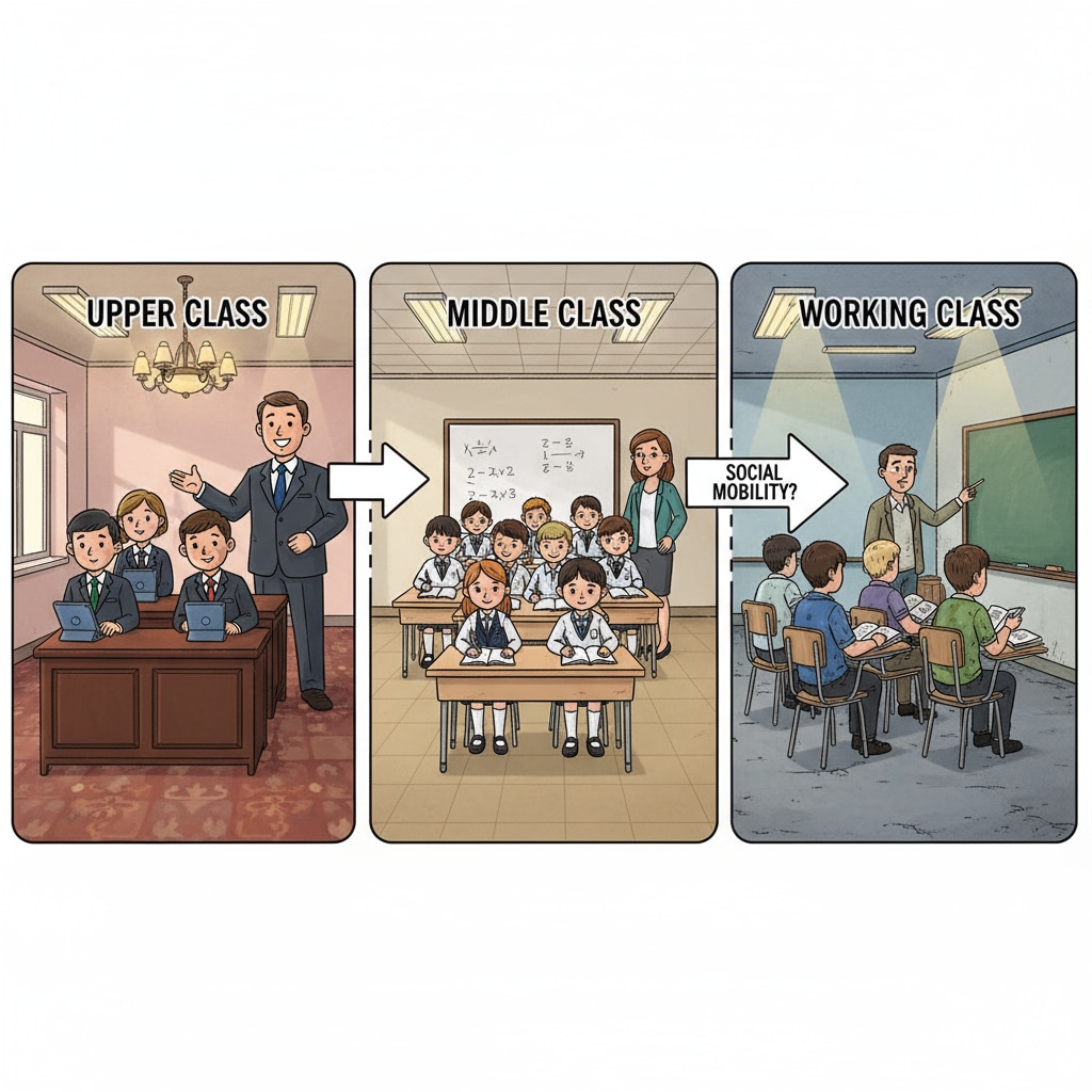 A classroom scene where students are seated in distinct groups, which visually represents the concept of class stratification. Classroom with students grouped according to class stratification in the educational system, affecting student engagement and teaching environment