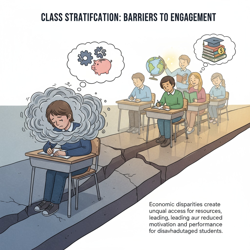 A solitary student with a dejected expression in a classroom setting, symbolizing the negative influence of class stratification on student engagement. Disheartened student in a classroom due to class stratification, highlighting its impact on educational system and teaching environment