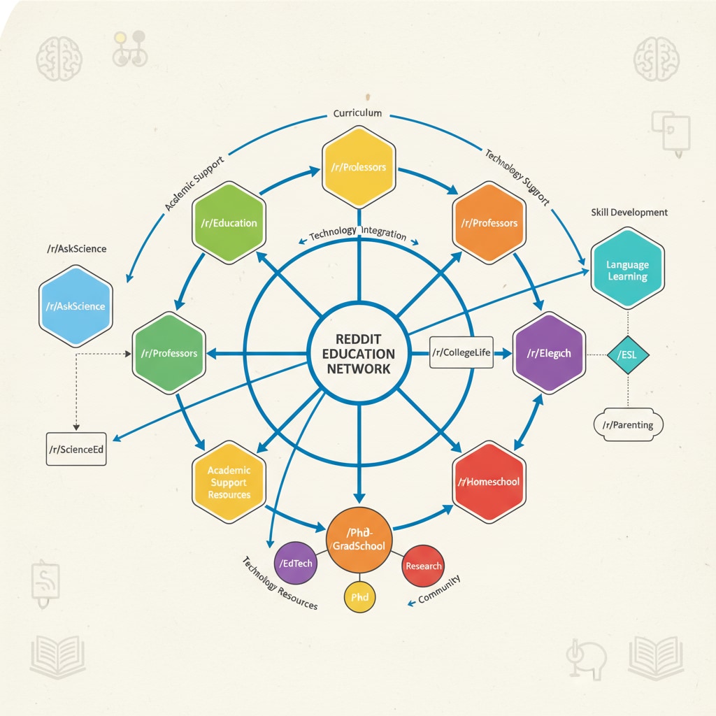A graphic showing connections between different Reddit education subreddits Graphic depicting connections among Reddit education subreddits for teacher professional development