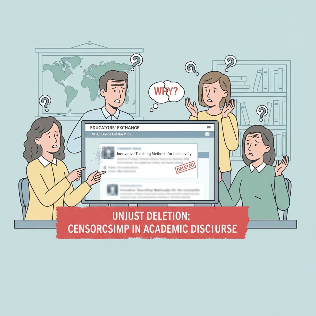 This image shows a group of K12 teachers looking confused as a post suddenly disappears from an online forum, highlighting the issue of unjust post deletion. K12 teachers confused about post deletion without explanation in the forum related to PLC and forum purpose
