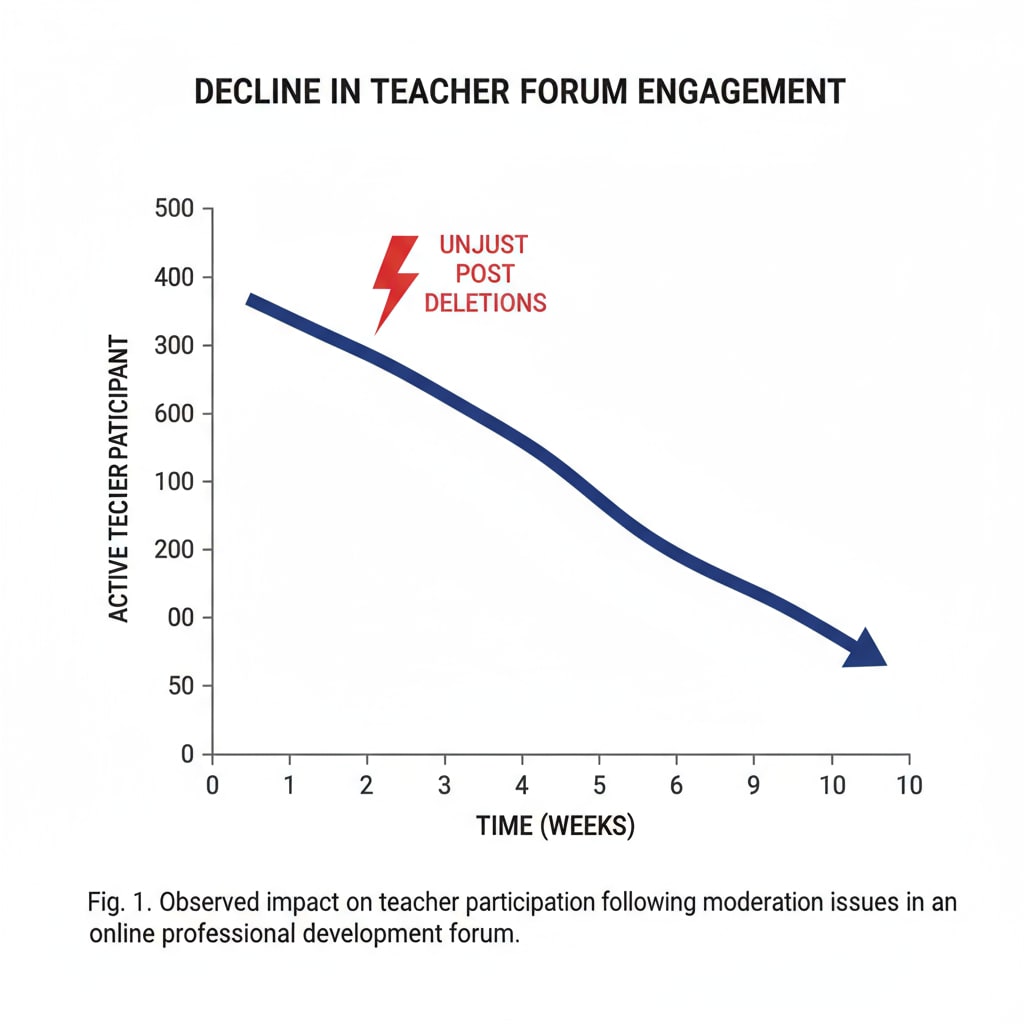 A graph showing a downward trend in teacher participation in an online forum following a series of unjust post deletions, indicating the negative impact on the community. Graph depicting the decline in teacher participation due to post deletion relevant to PLC and forum purpose