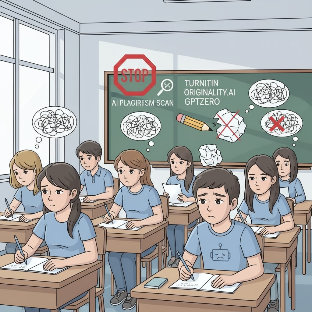 A classroom scene where students look frustrated while writing, with the presence of AI detection tool reminders in the background. This shows the negative impact of AI detection on students' creative writing process. Students under pressure of AI detection in creative writing class