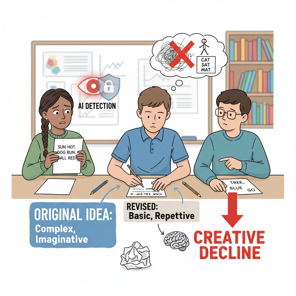 A visual of students writing very simple sentences on paper, indicating how they are simplifying their writing to avoid AI detection, thus affecting the quality of their creative writing. Impact of AI detection on students' writing complexity