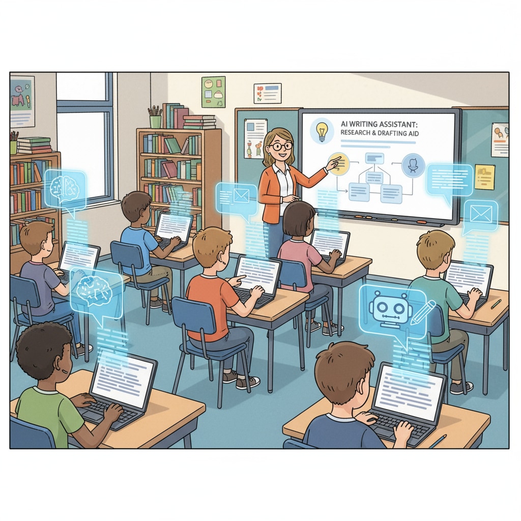 A classroom scene where students are using AI writing tools on their devices to complete assignments. Students using AI writing tools in a classroom related to AI rewriting tools, AI detectors, and manual input