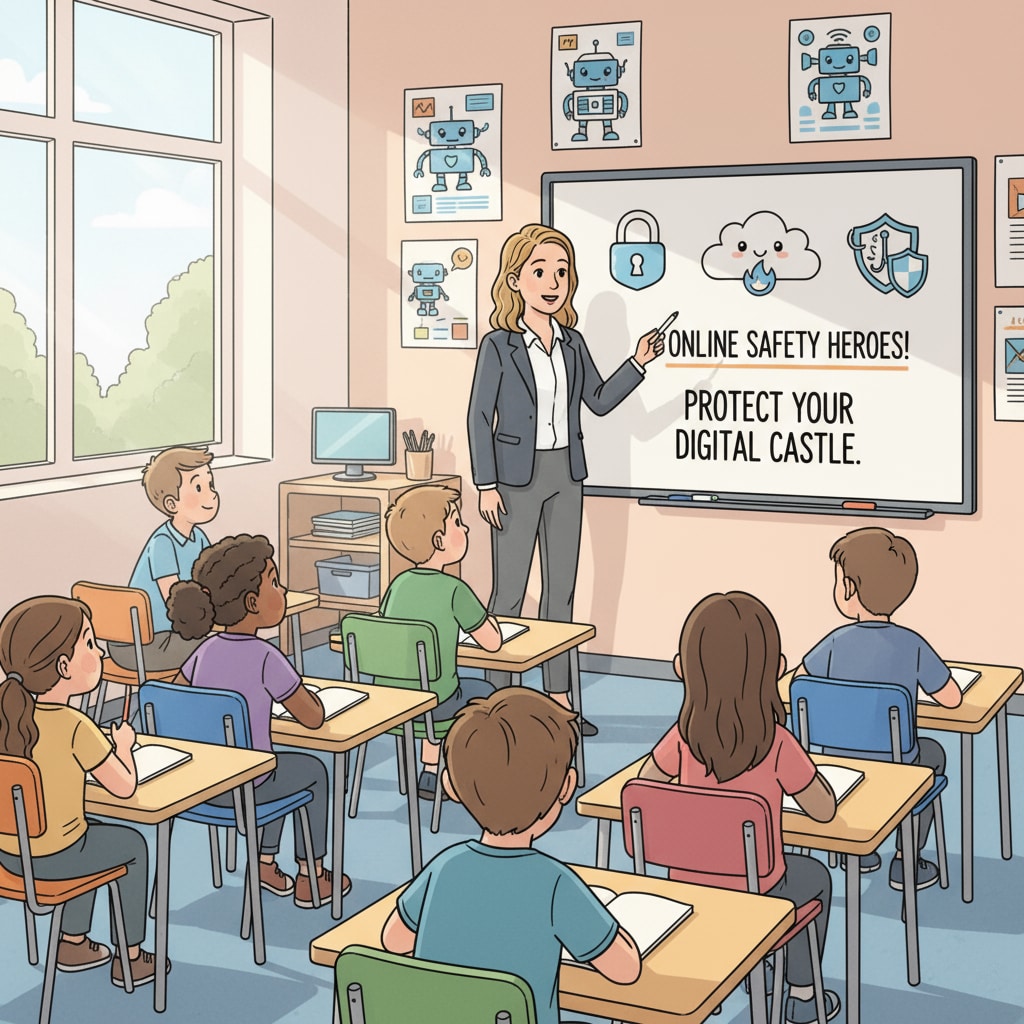 A group of K12 students attentively listening to a teacher explaining cybersecurity concepts. The teacher is using a whiteboard with simple diagrams related to online safety. K12 students engaged in a cybersecurity teaching session with clear explanations