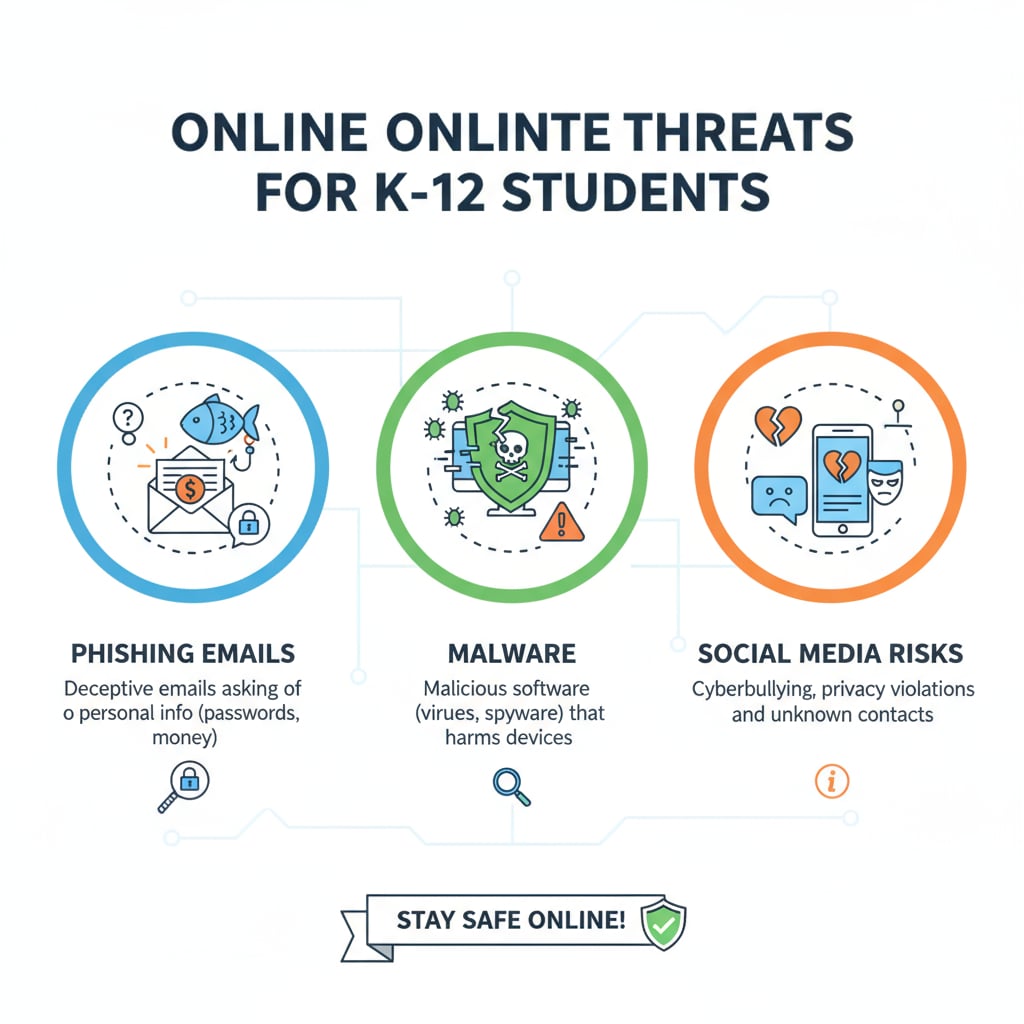An infographic showing common online threats for K12 students, such as phishing emails, malware, and social media risks. Infographic highlighting common online threats for K12 students in the context of cybersecurity teaching