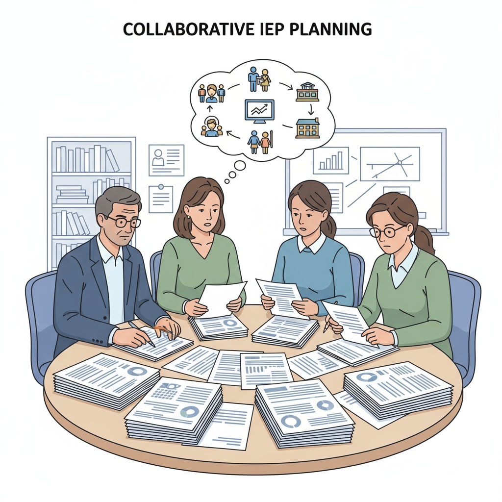 A group of special educators sitting around a table, poring over IEP documents, showing their concentration and the complexity of the task. Special educators facing reading comprehension difficulties while studying IEP documents