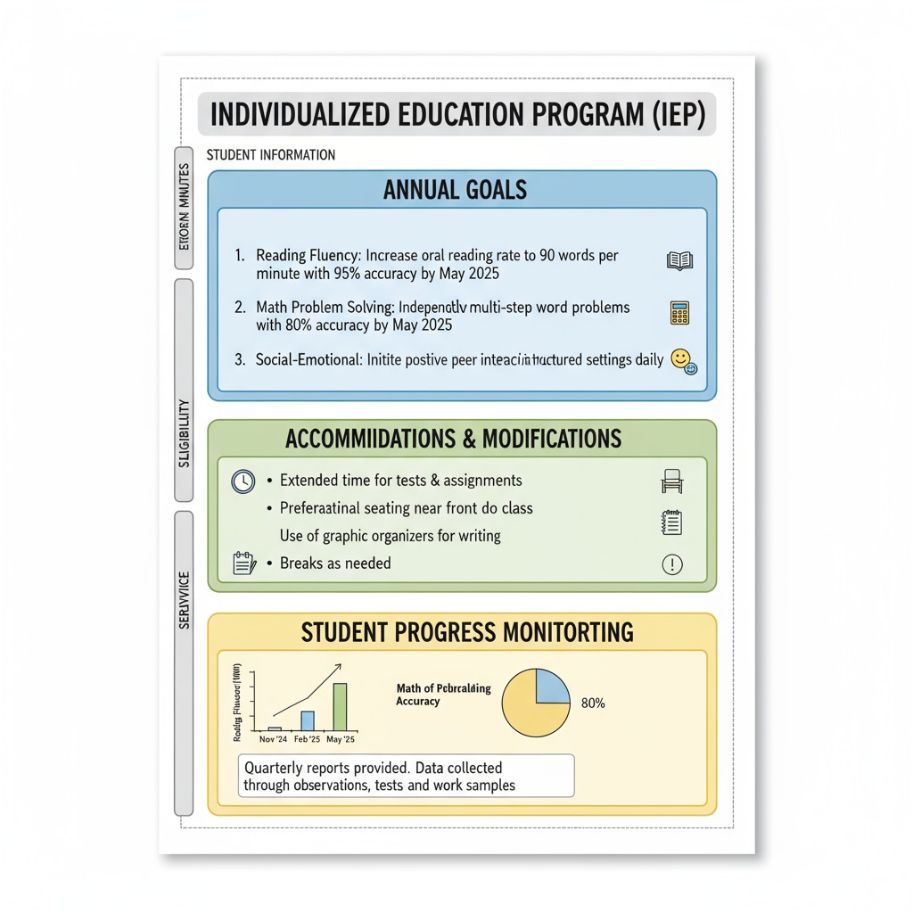 A page from an IEP document, highlighting sections such as goals, accommodations, and student progress, emphasizing the detailed and complex nature of these documents. An IEP document page highlighting the complexity that leads to reading comprehension difficulties for special educators